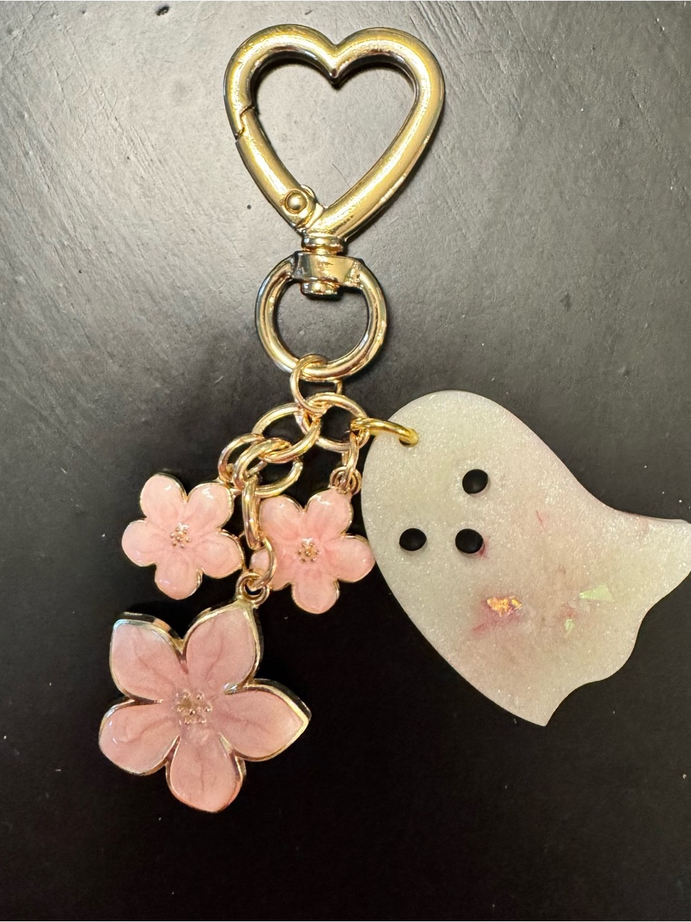 Hand Crafted Gold Heart Keychain with Pink Cherry Blossoms and Iridescent Ghost